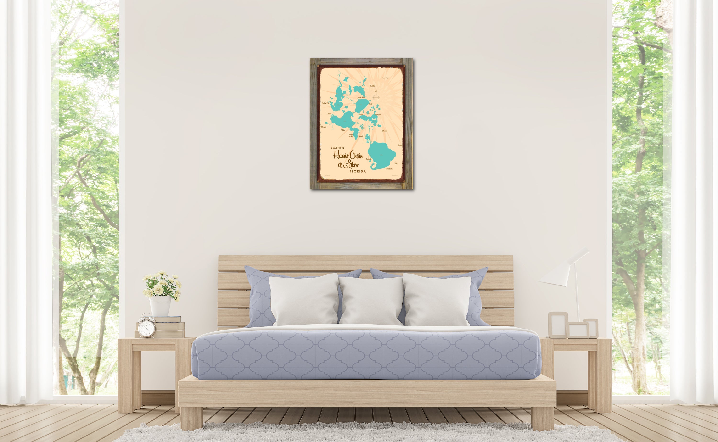 Harris Chain of Lakes Florida, Wood-Mounted Rustic Metal Sign Map Art