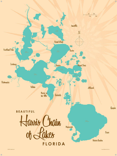 Harris Chain of Lakes Florida, Metal Sign Map Art