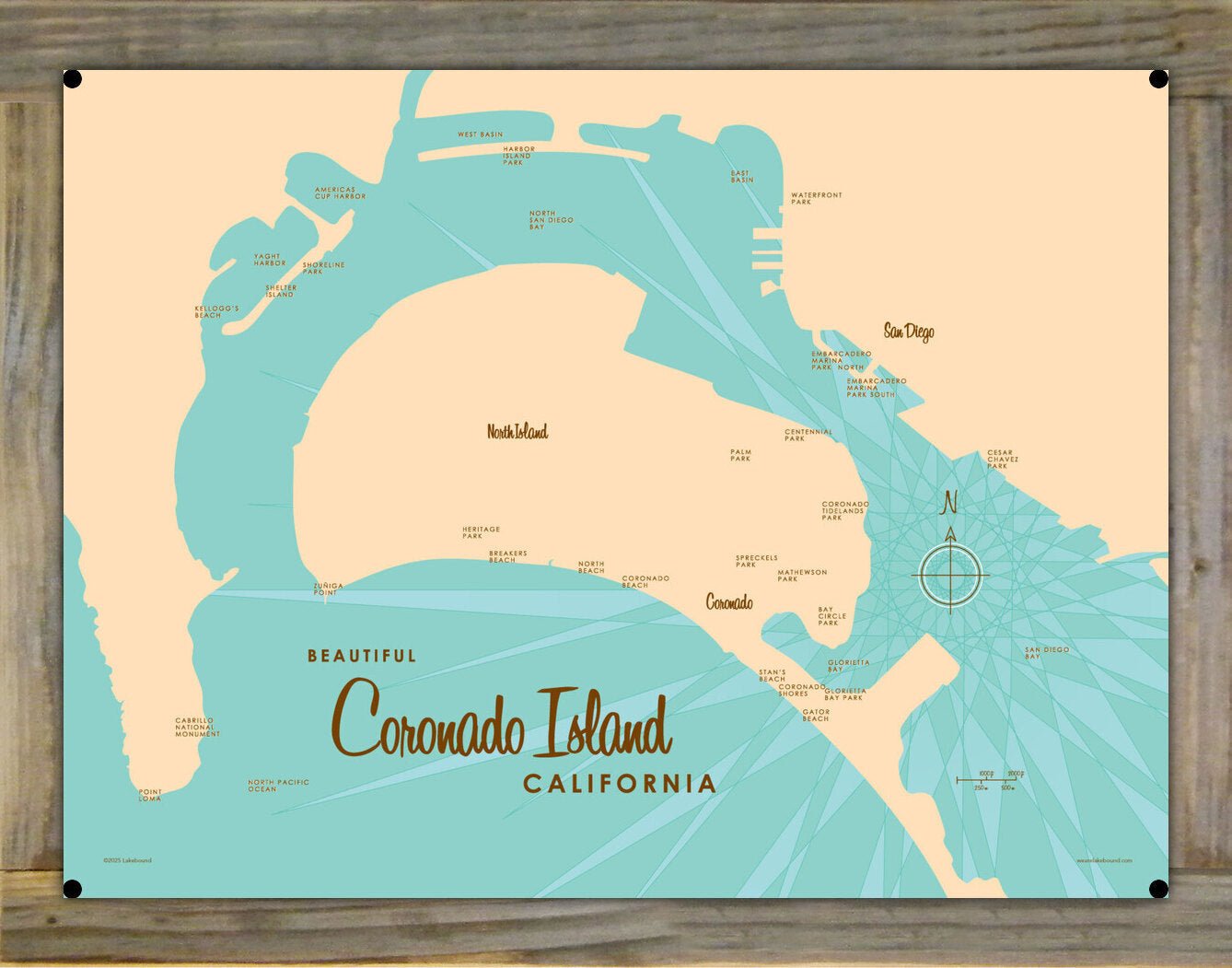 Coronado Island California, Wood-Mounted Metal Sign Map Art