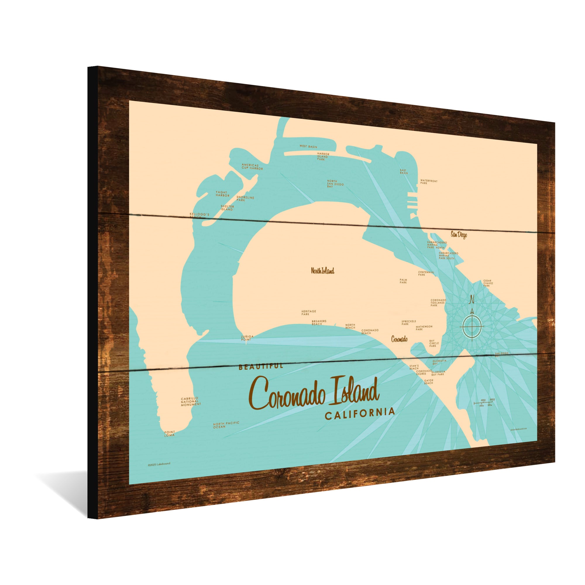 Coronado Island California, Rustic Wood Sign Map Art