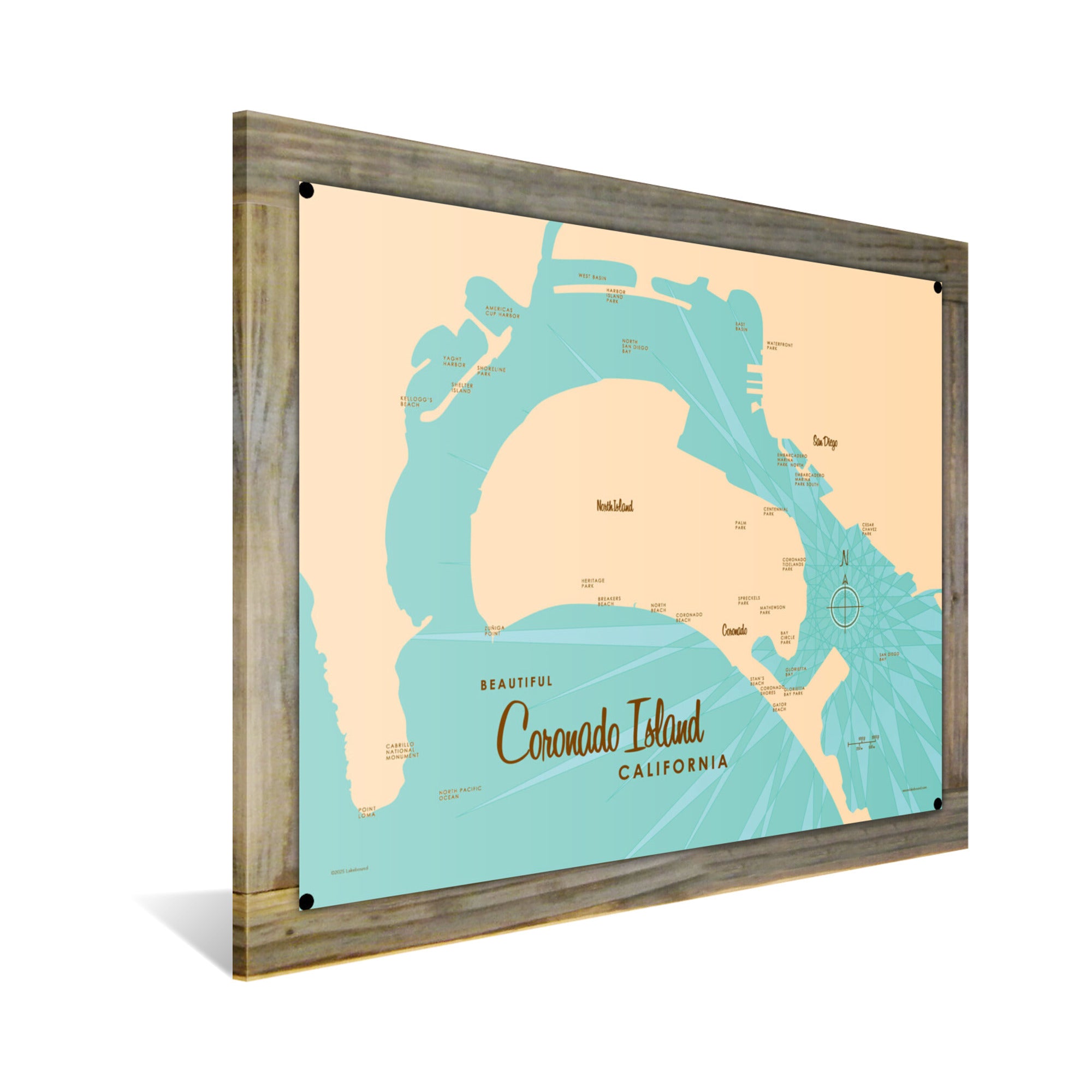 Coronado Island California, Wood-Mounted Metal Sign Map Art