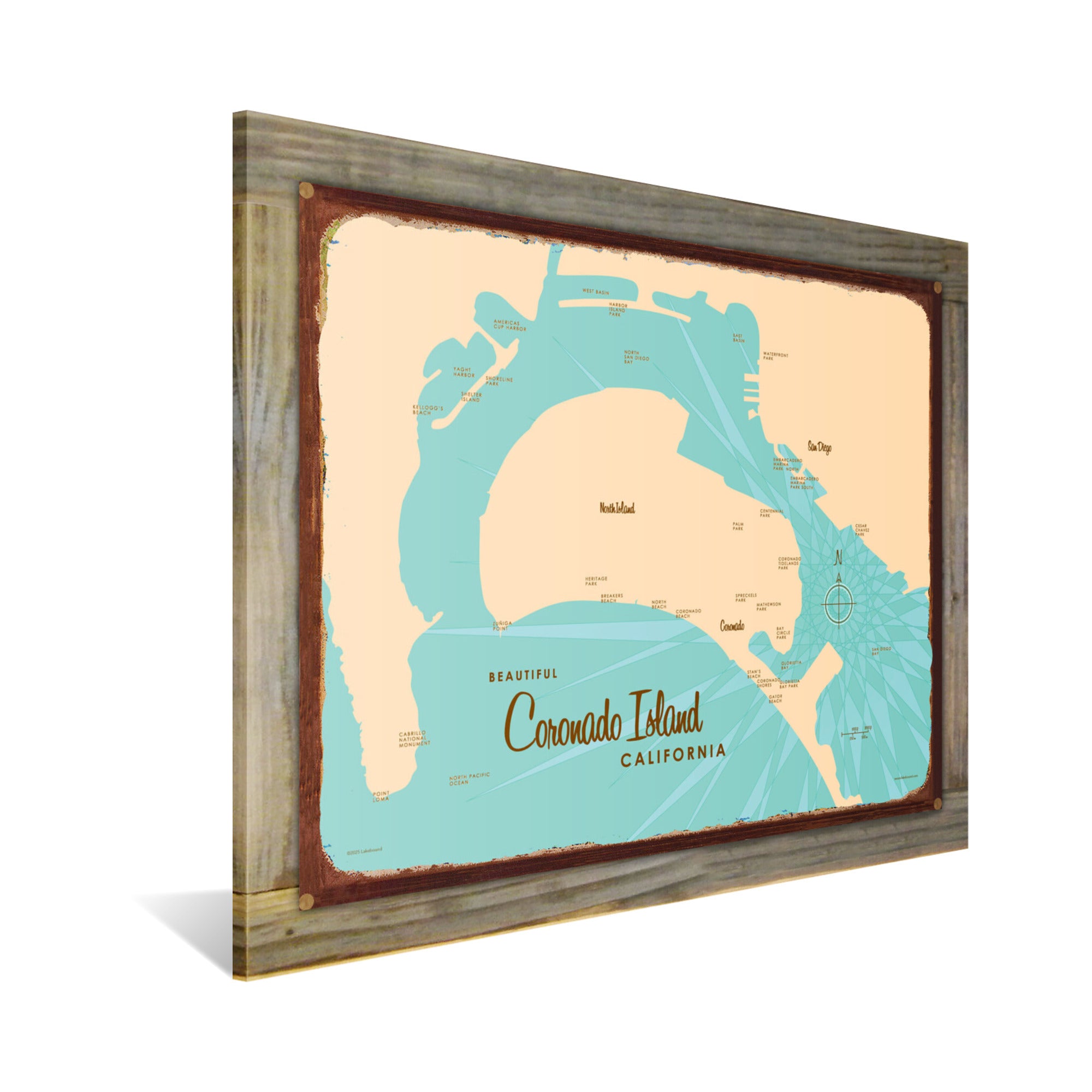 Coronado Island California, Wood-Mounted Rustic Metal Sign Map Art