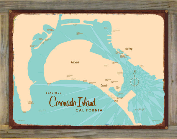 Coronado Island California, Wood-Mounted Rustic Metal Sign Map Art