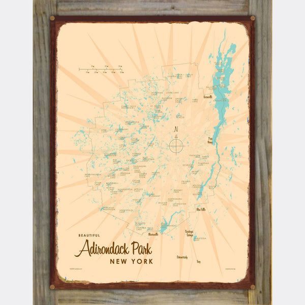 Adirondack Park New York, Wood-Mounted Rustic Metal Sign Map Art