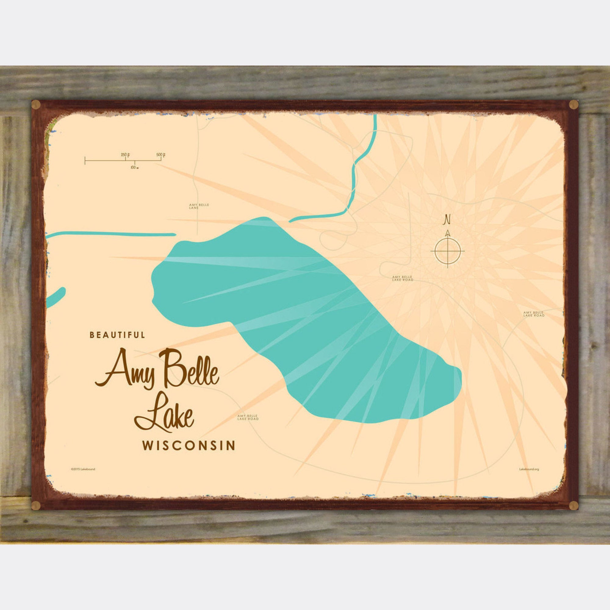 Amy Belle Lake Wisconsin, Wood-Mounted Rustic Metal Sign Map Art