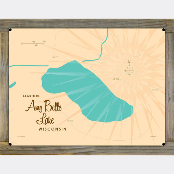 Amy Belle Lake Wisconsin, Wood-Mounted Metal Sign Map Art