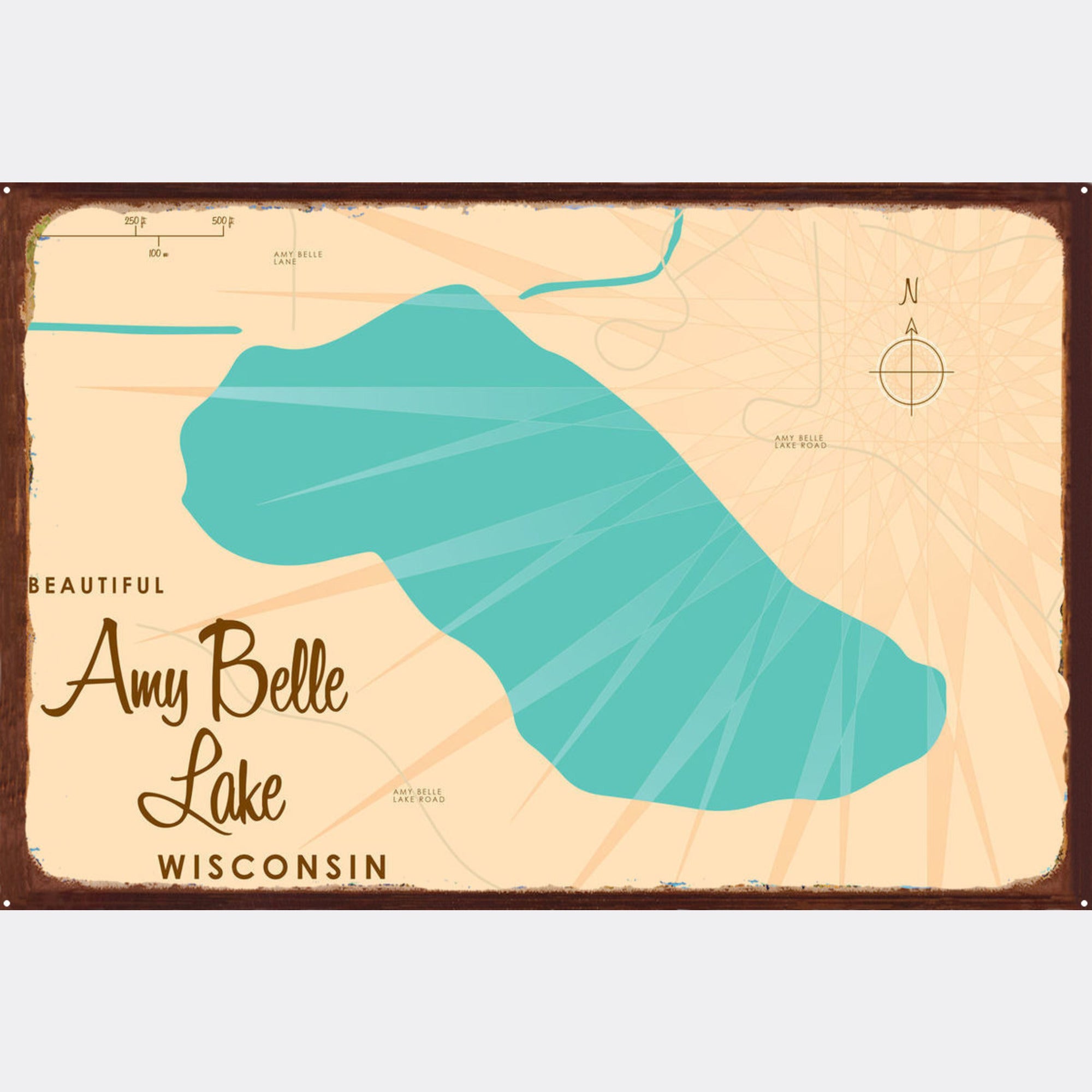 Amy Belle Lake Wisconsin, Rustic Metal Sign Map Art