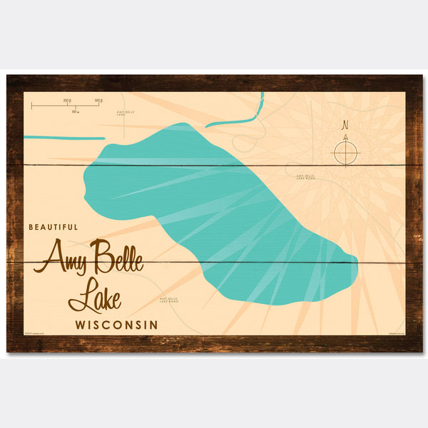 Amy Belle Lake Wisconsin, Rustic Wood Sign Map Art