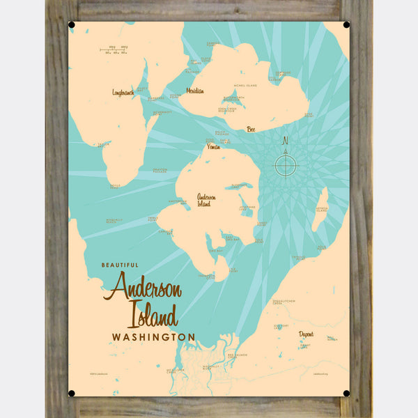 Anderson Island Washington, Wood-Mounted Metal Sign Map Art