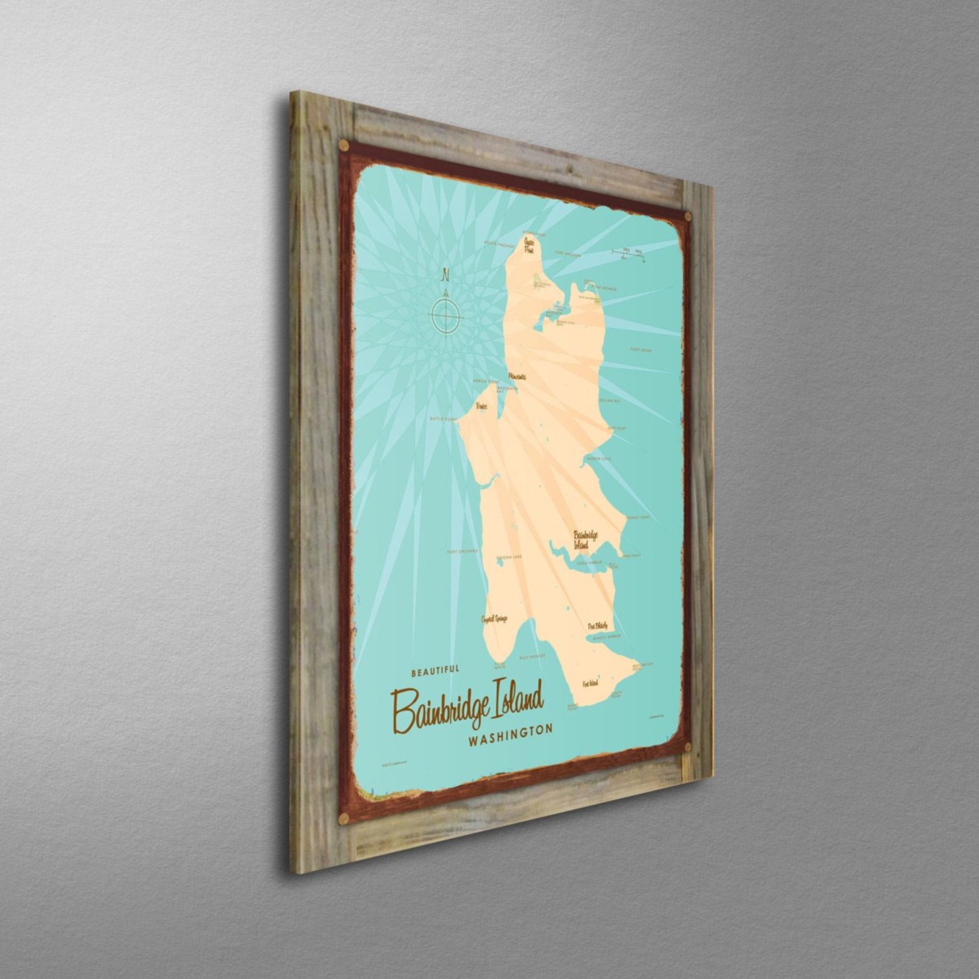 Bainbridge Island Washington, Wood-Mounted Rustic Metal Sign Map Art