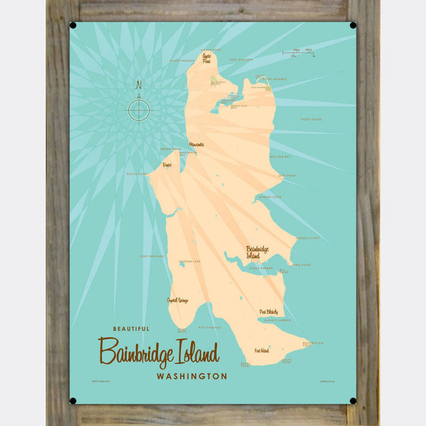 Bainbridge Island Washington, Wood-Mounted Metal Sign Map Art