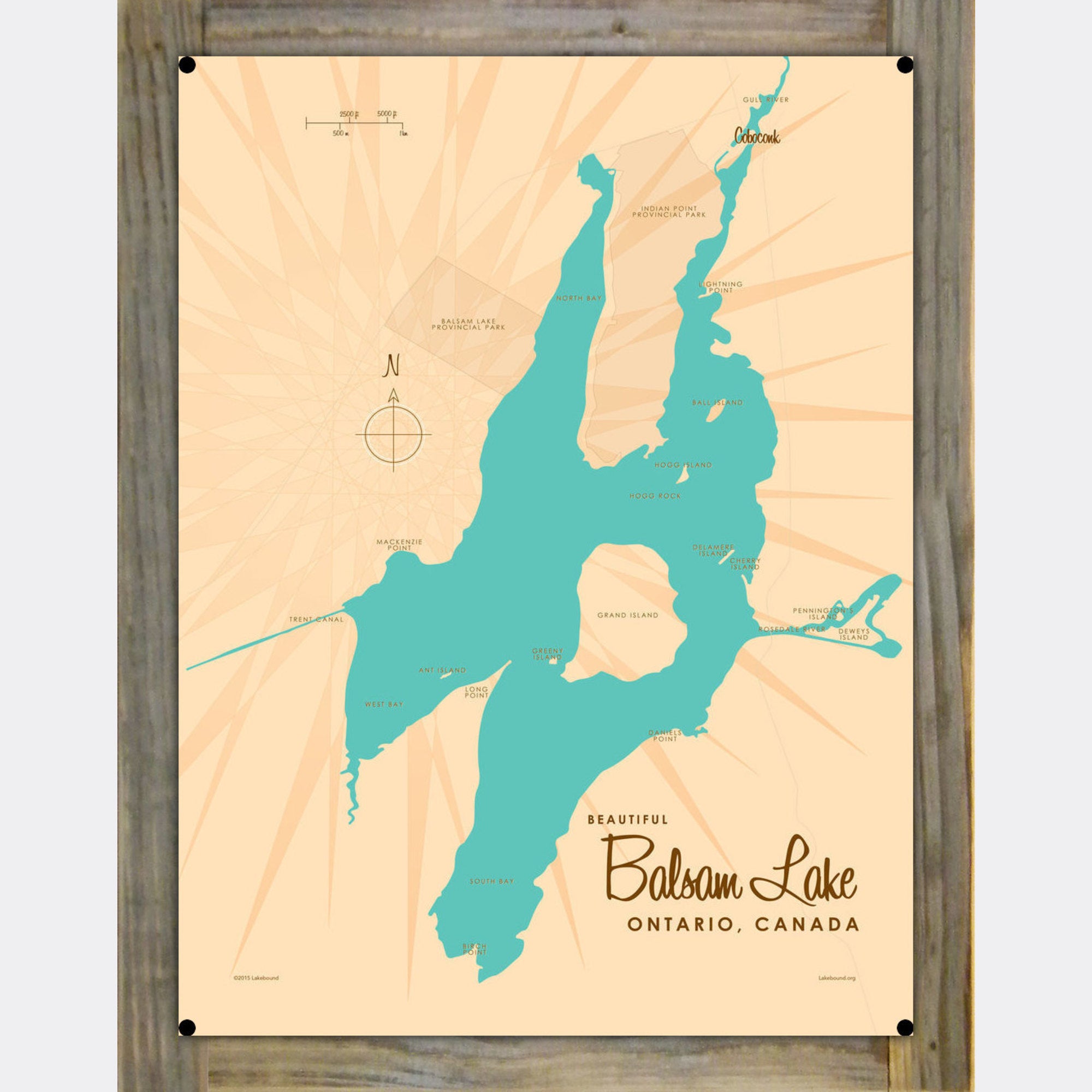 Balsam Lake Ontario, Wood-Mounted Metal Sign Map Art