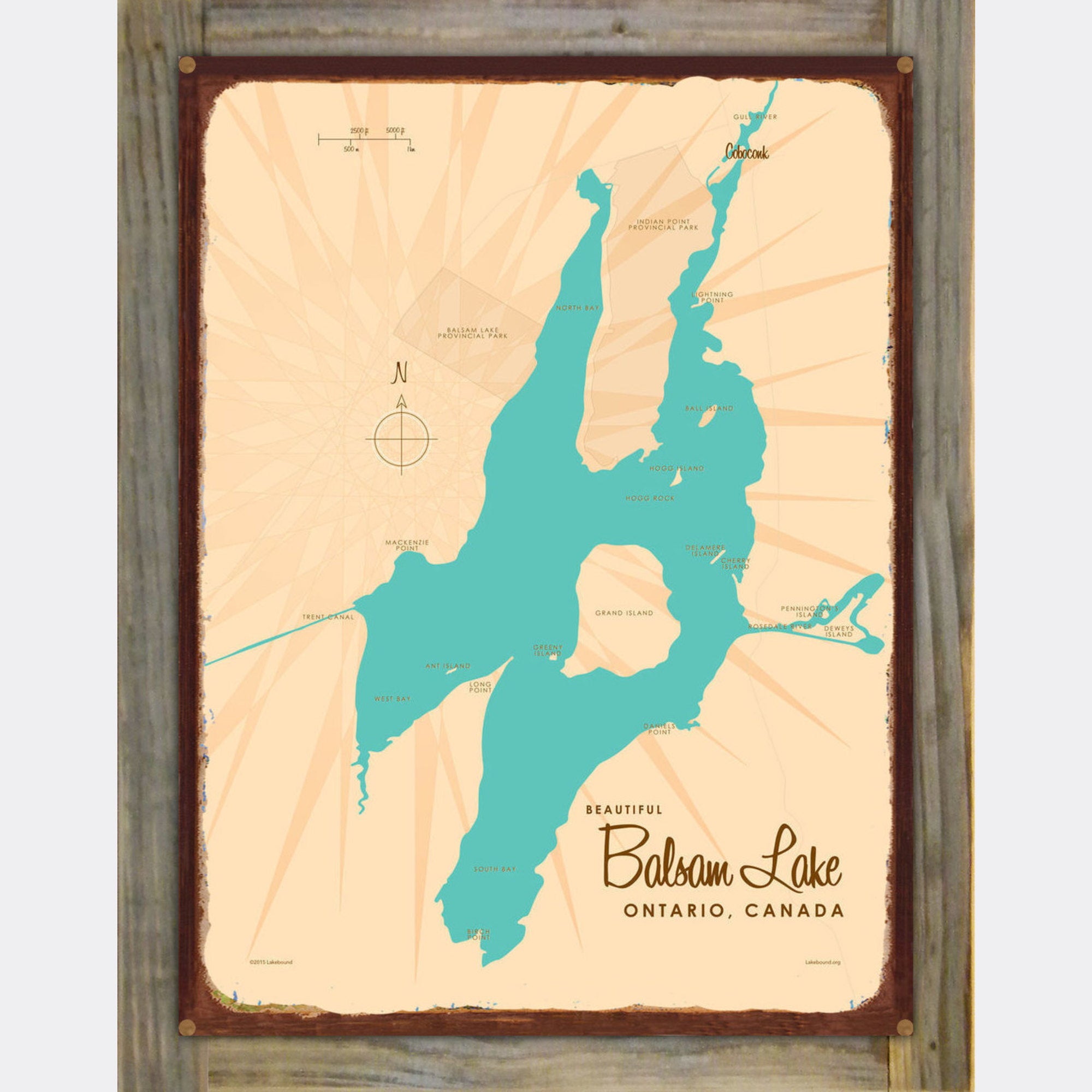 Balsam Lake Ontario, Wood-Mounted Rustic Metal Sign Map Art
