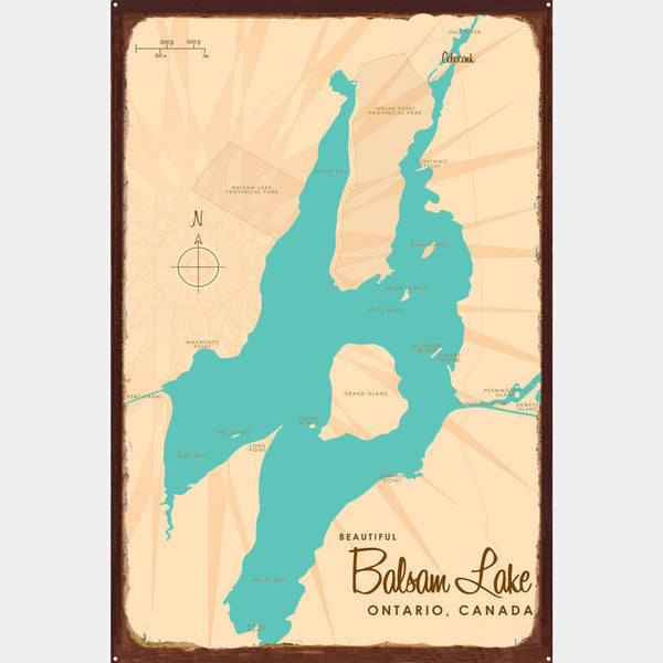 Balsam Lake Ontario, Rustic Metal Sign Map Art