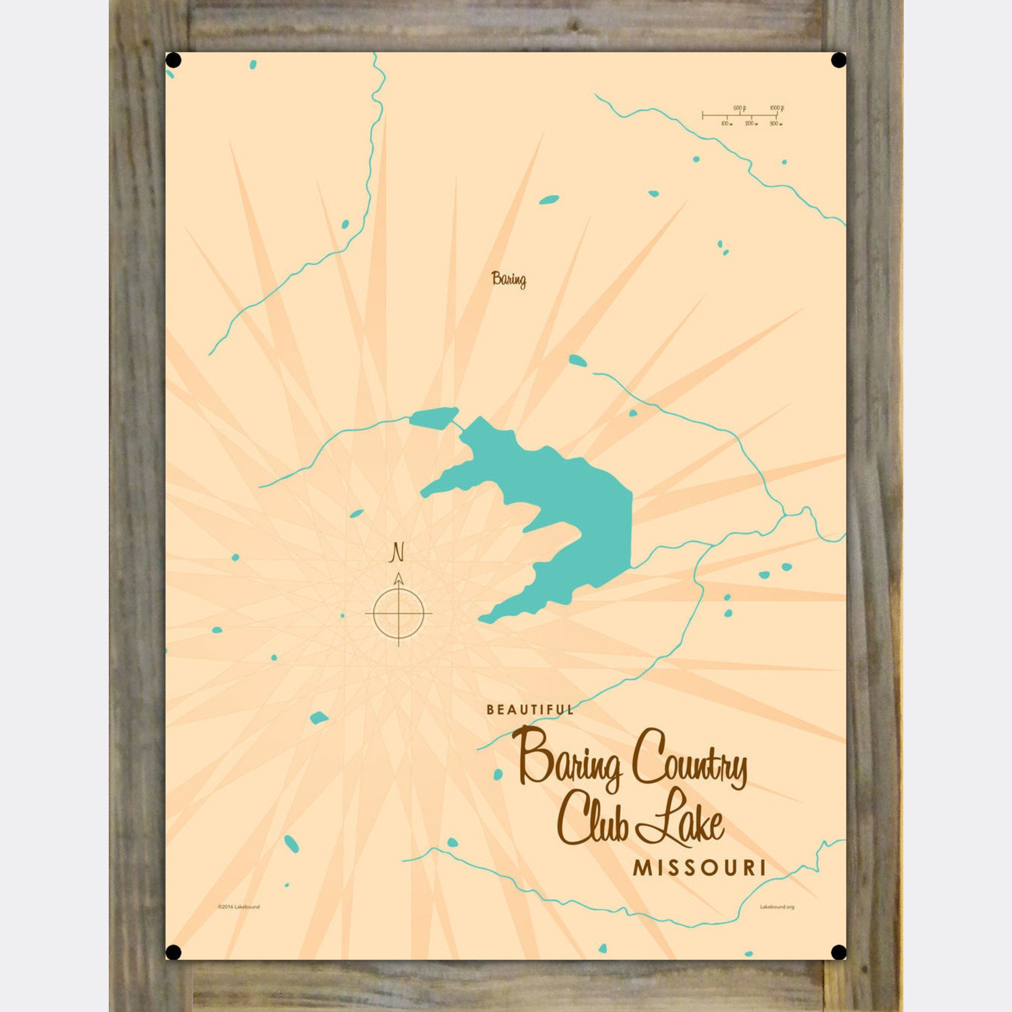 Baring Country Club Lake Missouri, Wood-Mounted Metal Sign Map Art