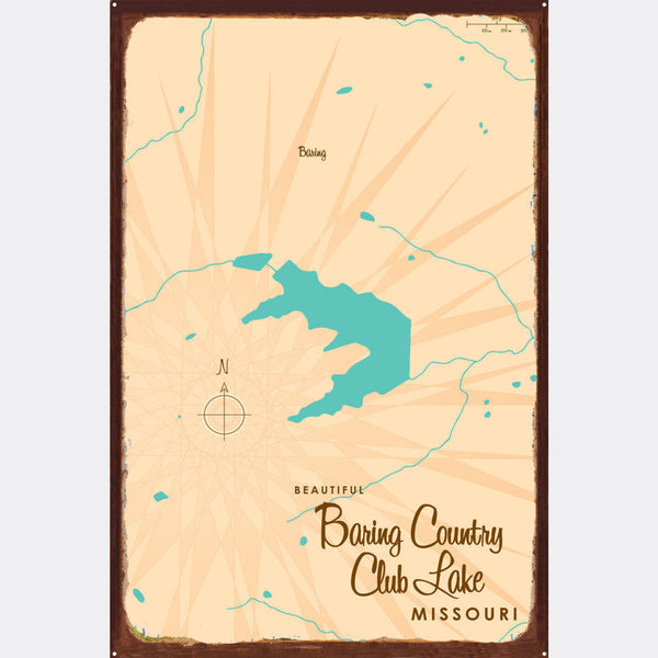 Baring Country Club Lake Missouri, Rustic Metal Sign Map Art