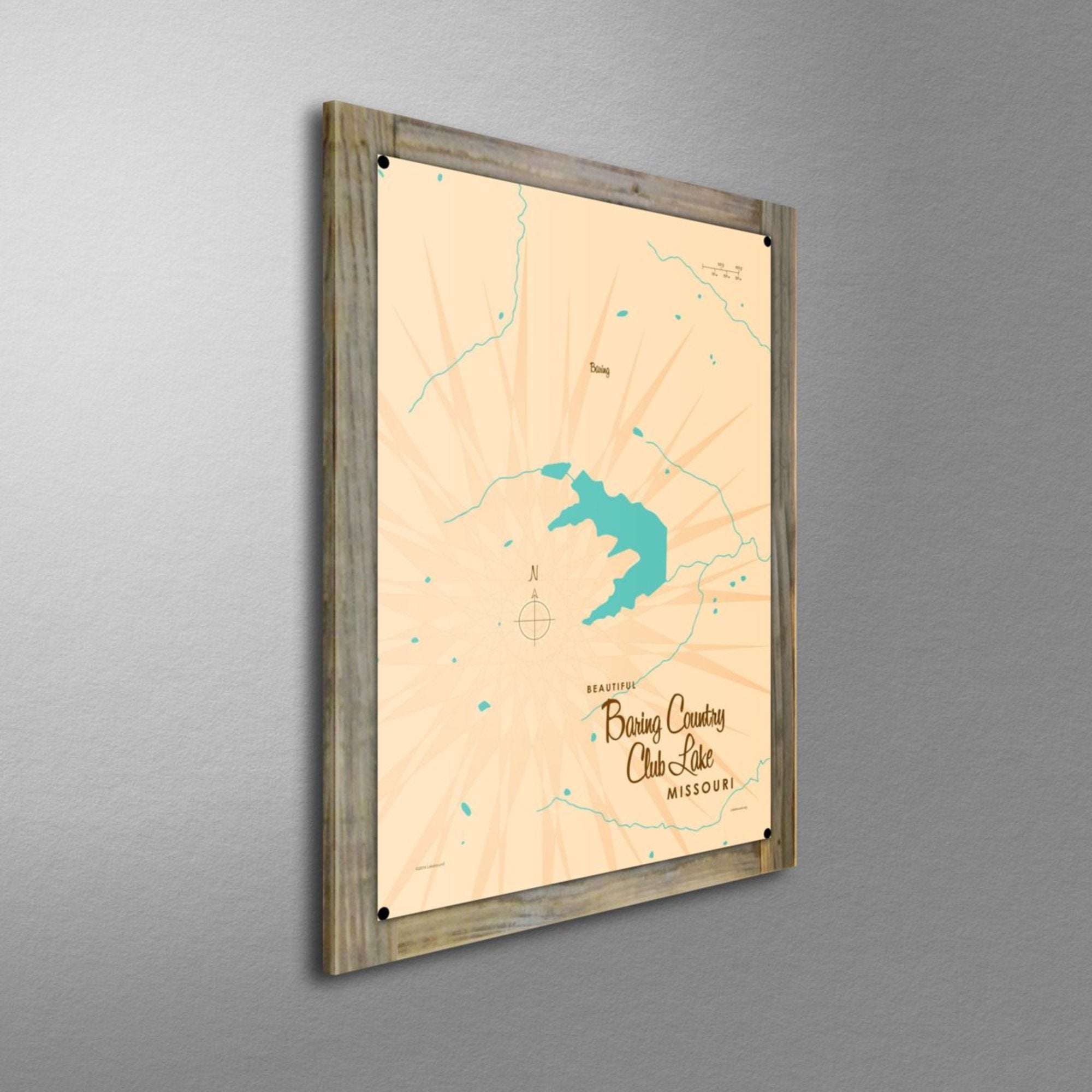 Baring Country Club Lake Missouri, Wood-Mounted Metal Sign Map Art