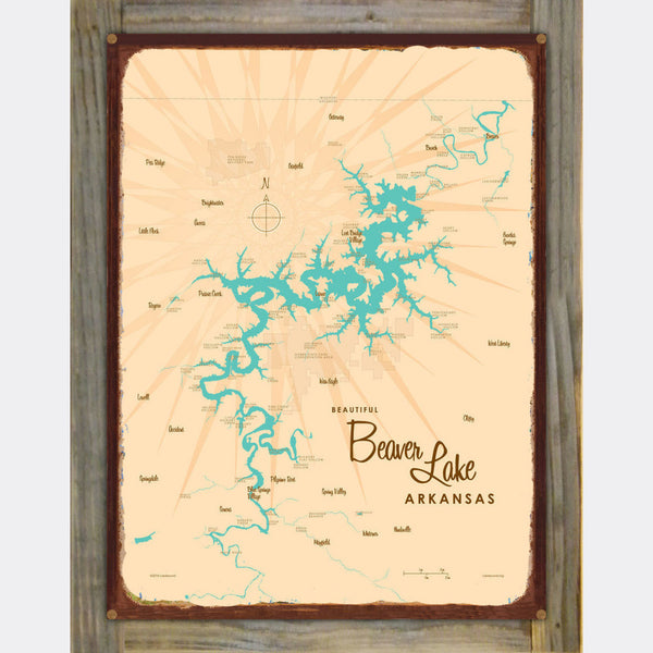 Beaver Lake Arkansas, Wood-Mounted Rustic Metal Sign Map Art