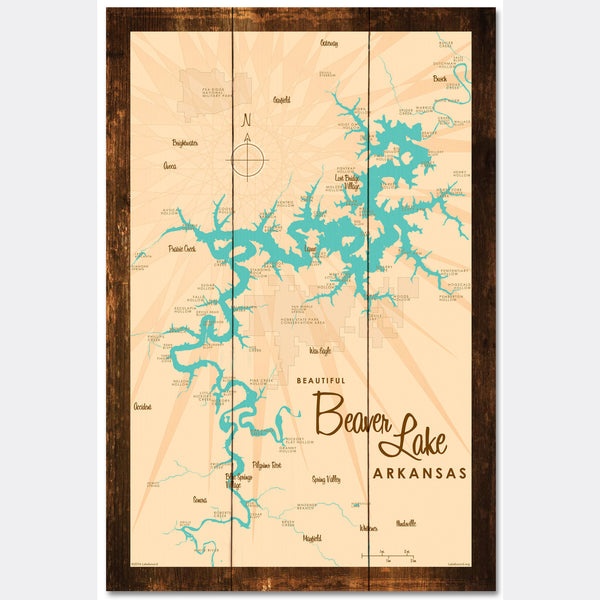 Beaver Lake Arkansas, Rustic Wood Sign Map Art