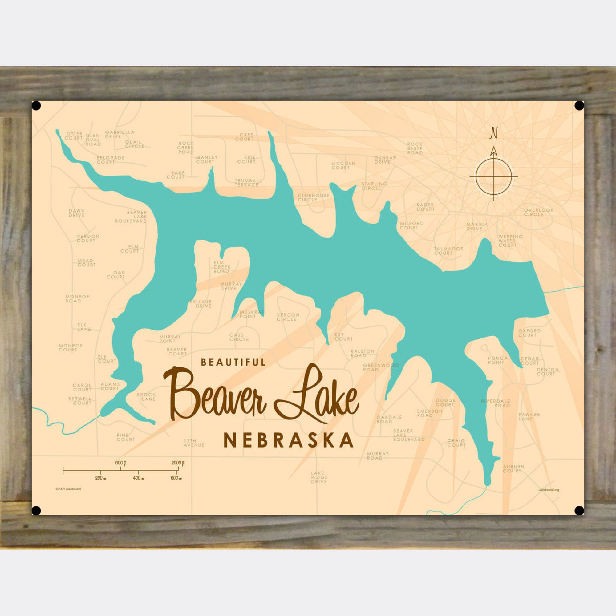 Beaver Lake Nebraska, Wood-Mounted Metal Sign Map Art