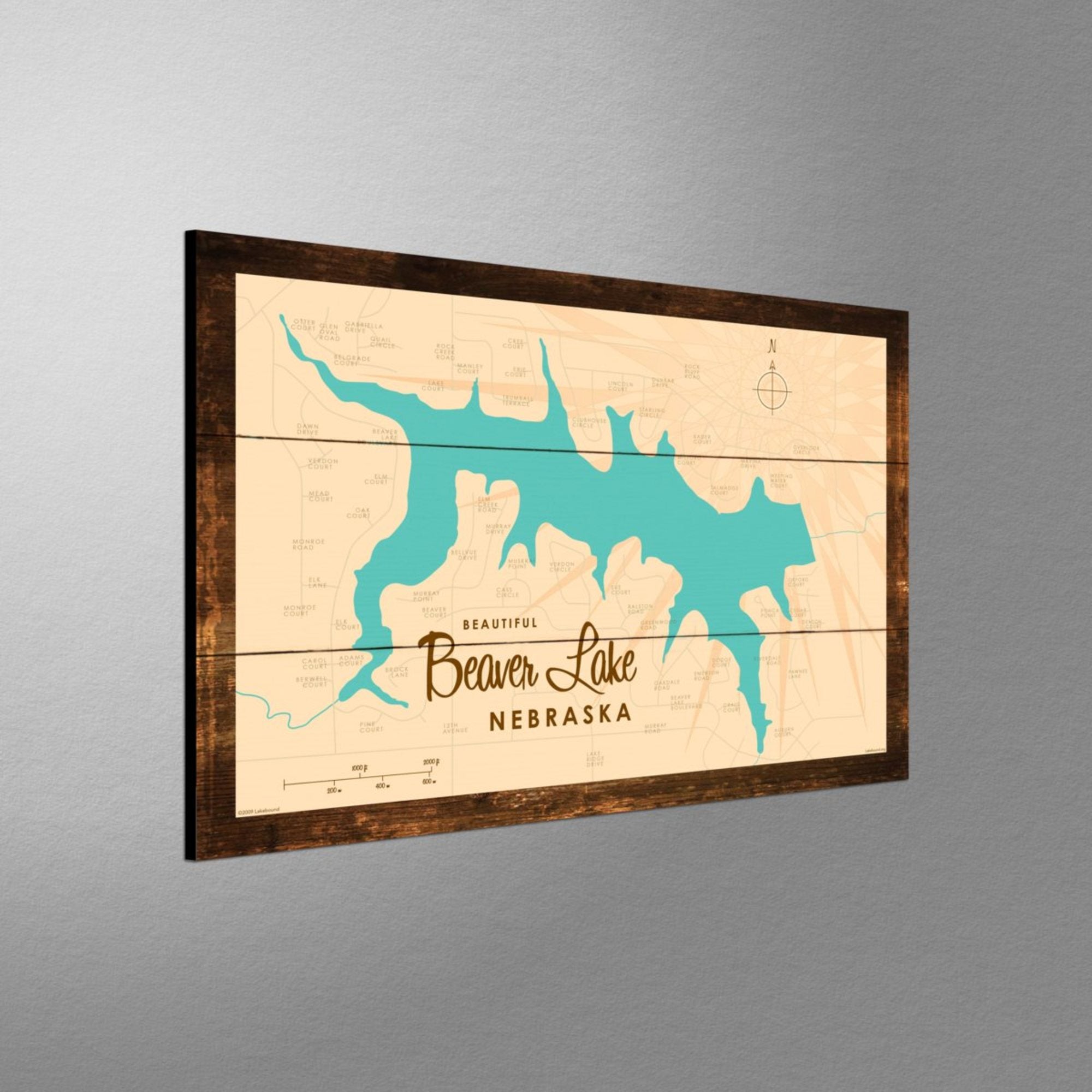 Beaver Lake Nebraska, Rustic Wood Sign Map Art