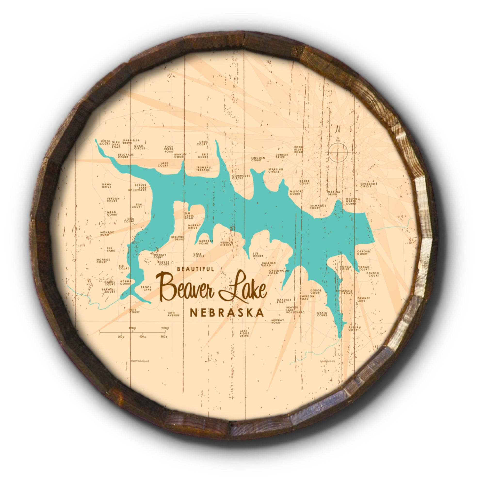 Beaver Lake Nebraska, Rustic Barrel End Map Art