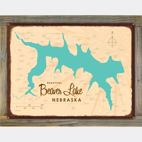 Beaver Lake Nebraska, Wood-Mounted Rustic Metal Sign Map Art