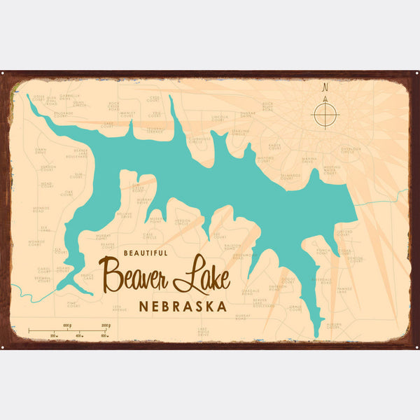 Beaver Lake Nebraska, Rustic Metal Sign Map Art