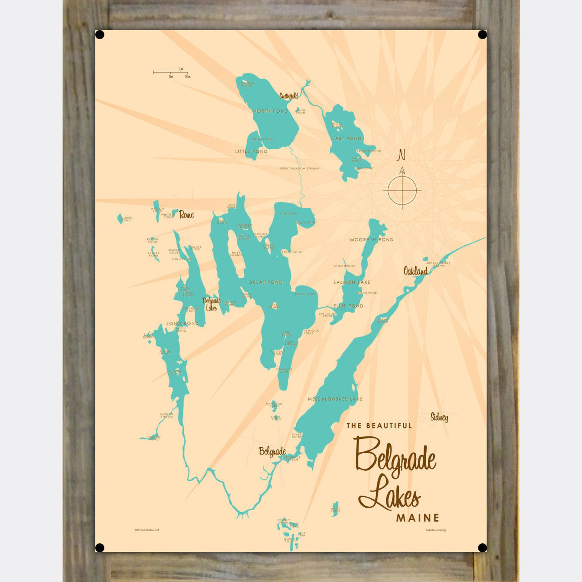 Belgrade Lakes Maine, Wood-Mounted Metal Sign Map Art