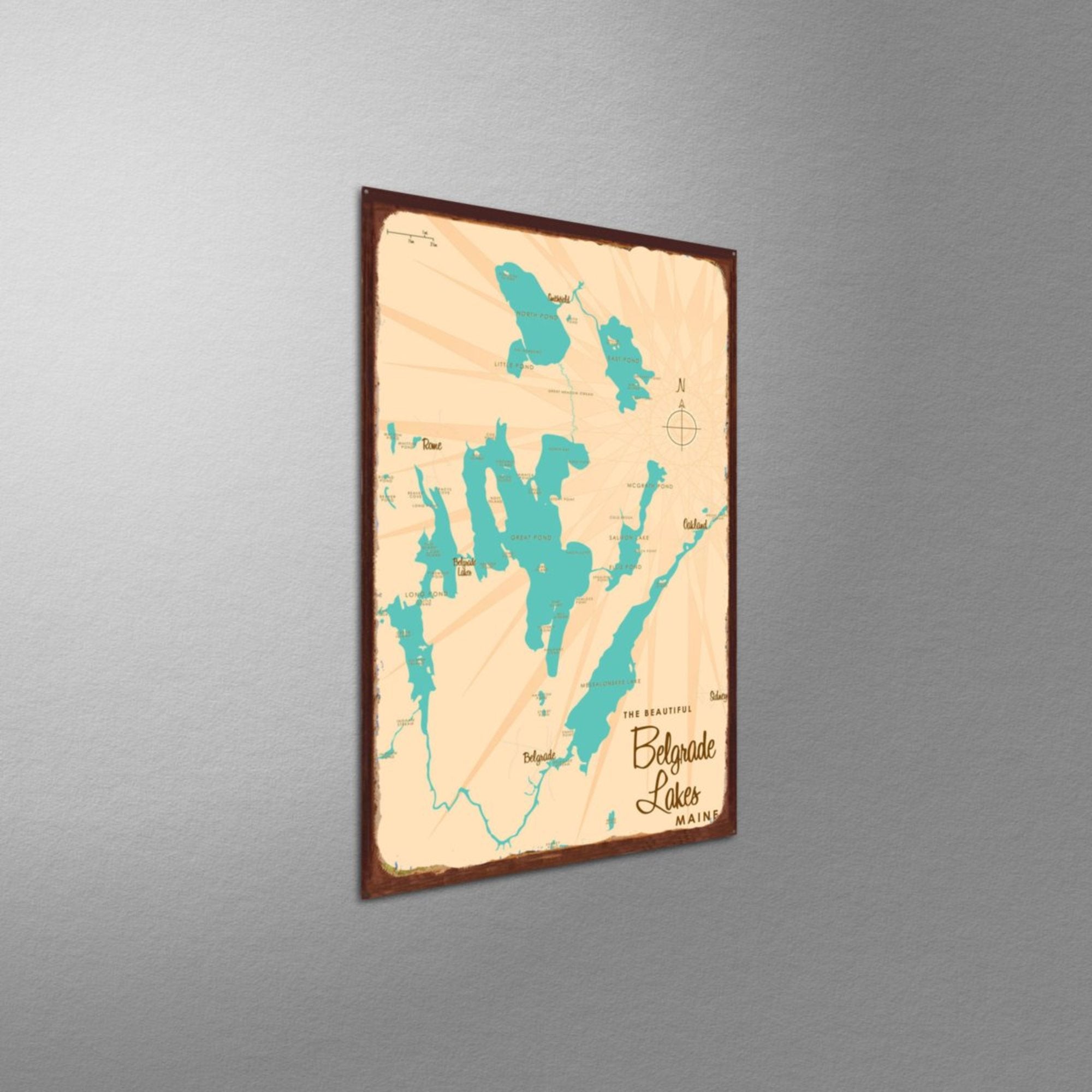 Belgrade Lakes Maine, Rustic Metal Sign Map Art