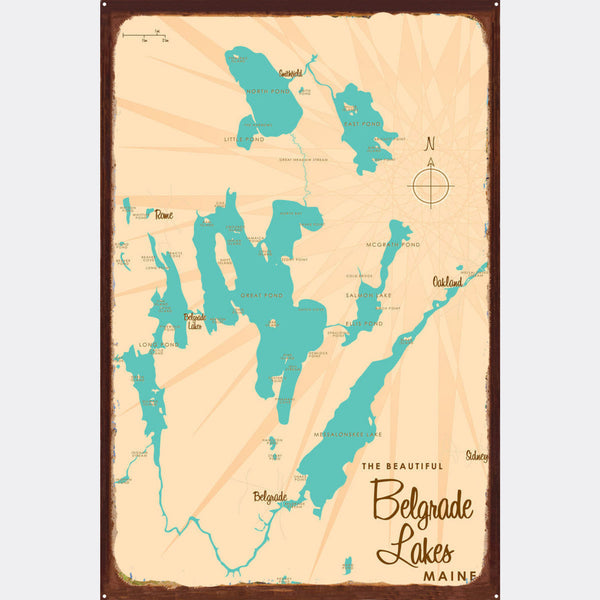 Belgrade Lakes Maine, Rustic Metal Sign Map Art