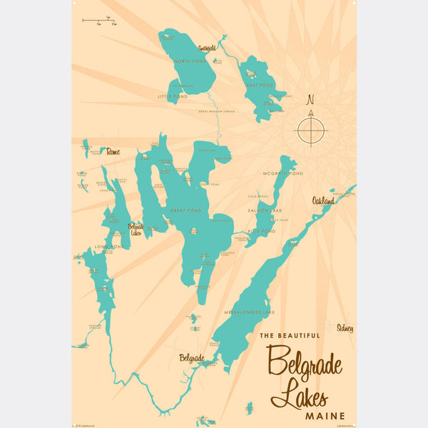 Belgrade Lakes Maine, Metal Sign Map Art