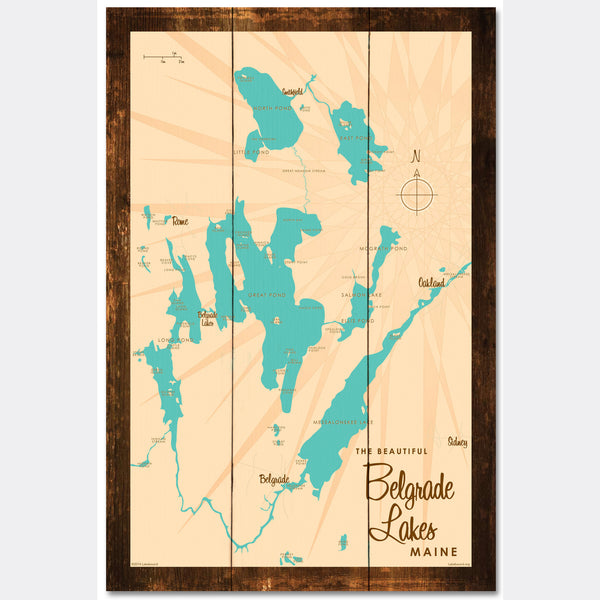 Belgrade Lakes Maine, Rustic Wood Sign Map Art
