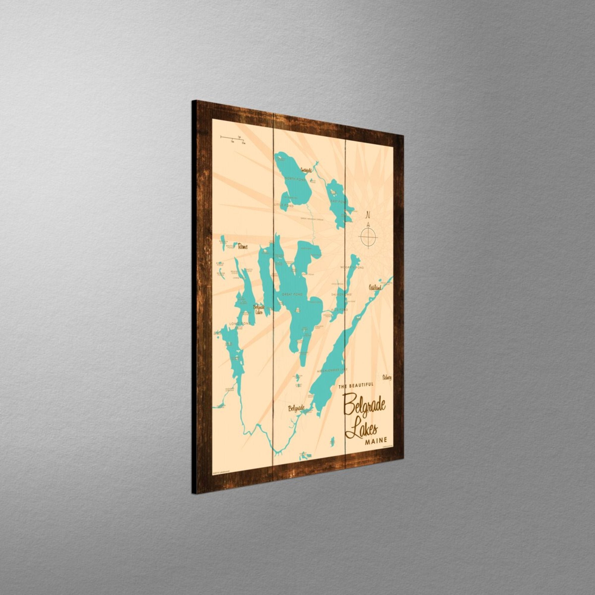 Belgrade Lakes Maine, Rustic Wood Sign Map Art
