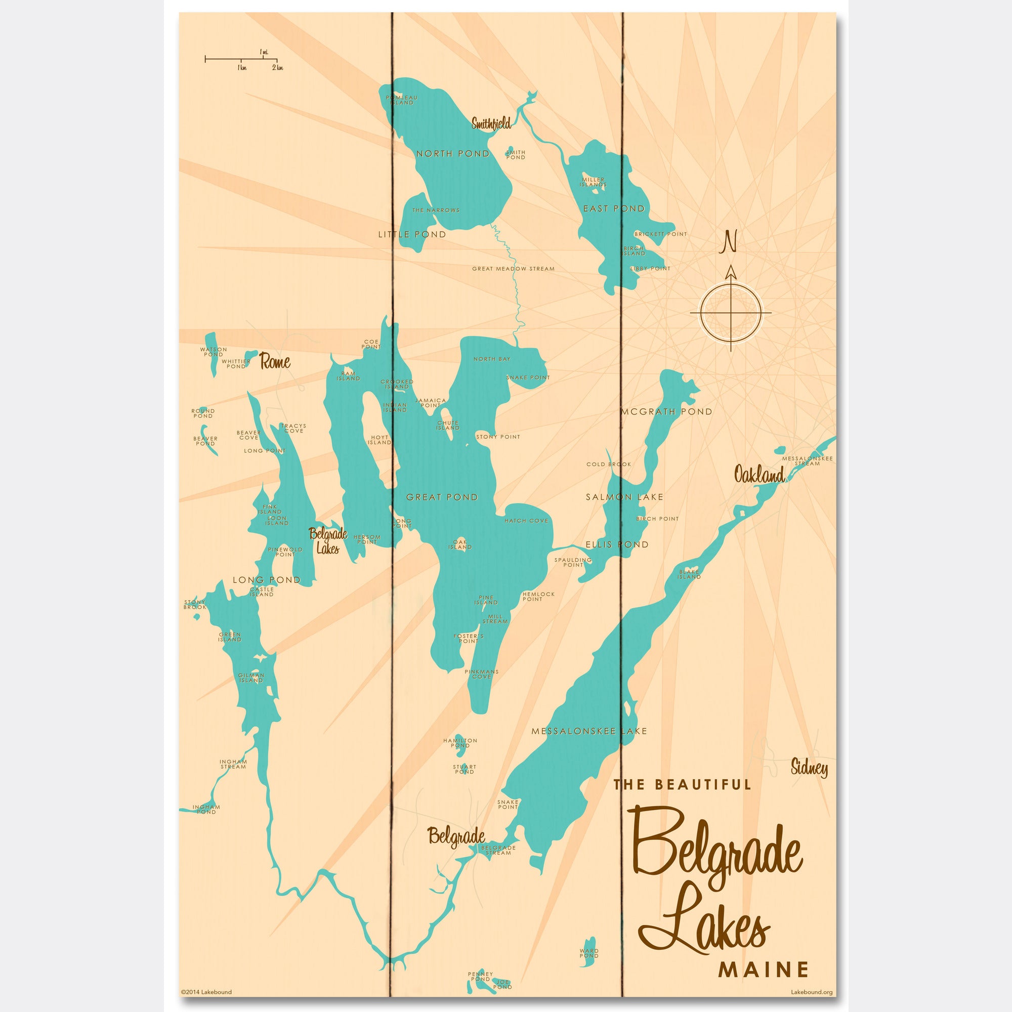 Belgrade Lakes Maine, Wood Sign Map Art
