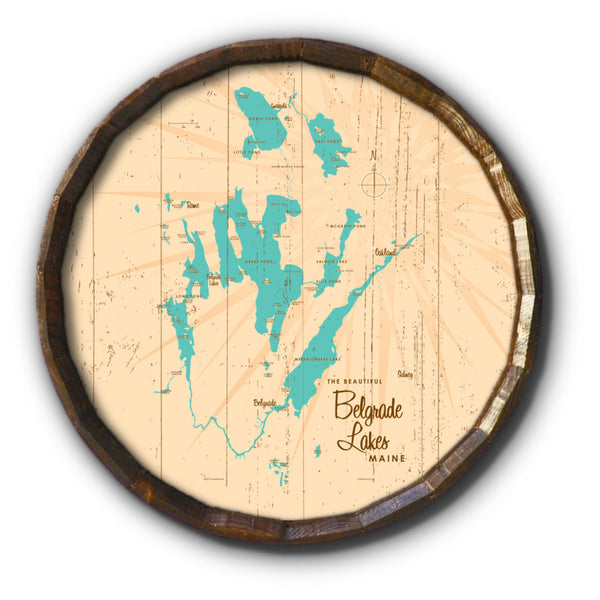 Belgrade Lakes Maine, Rustic Barrel End Map Art