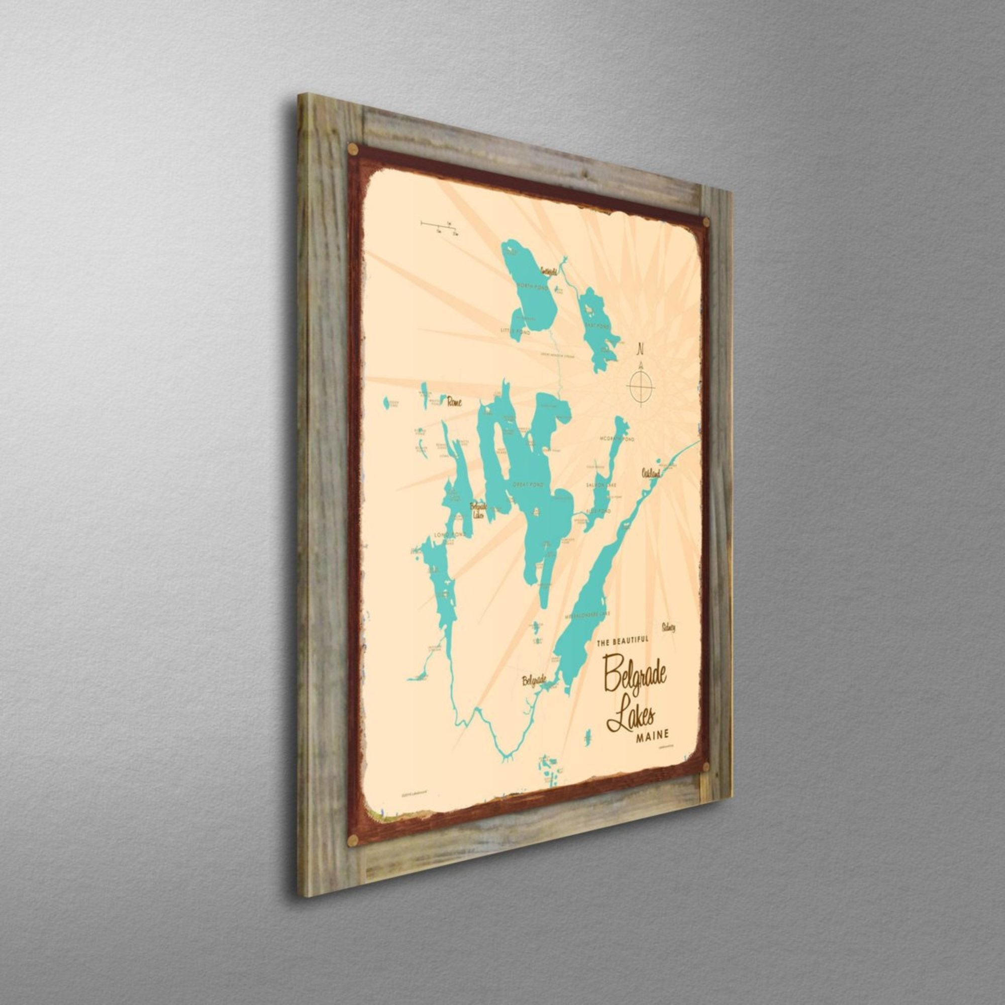 Belgrade Lakes Maine, Wood-Mounted Rustic Metal Sign Map Art