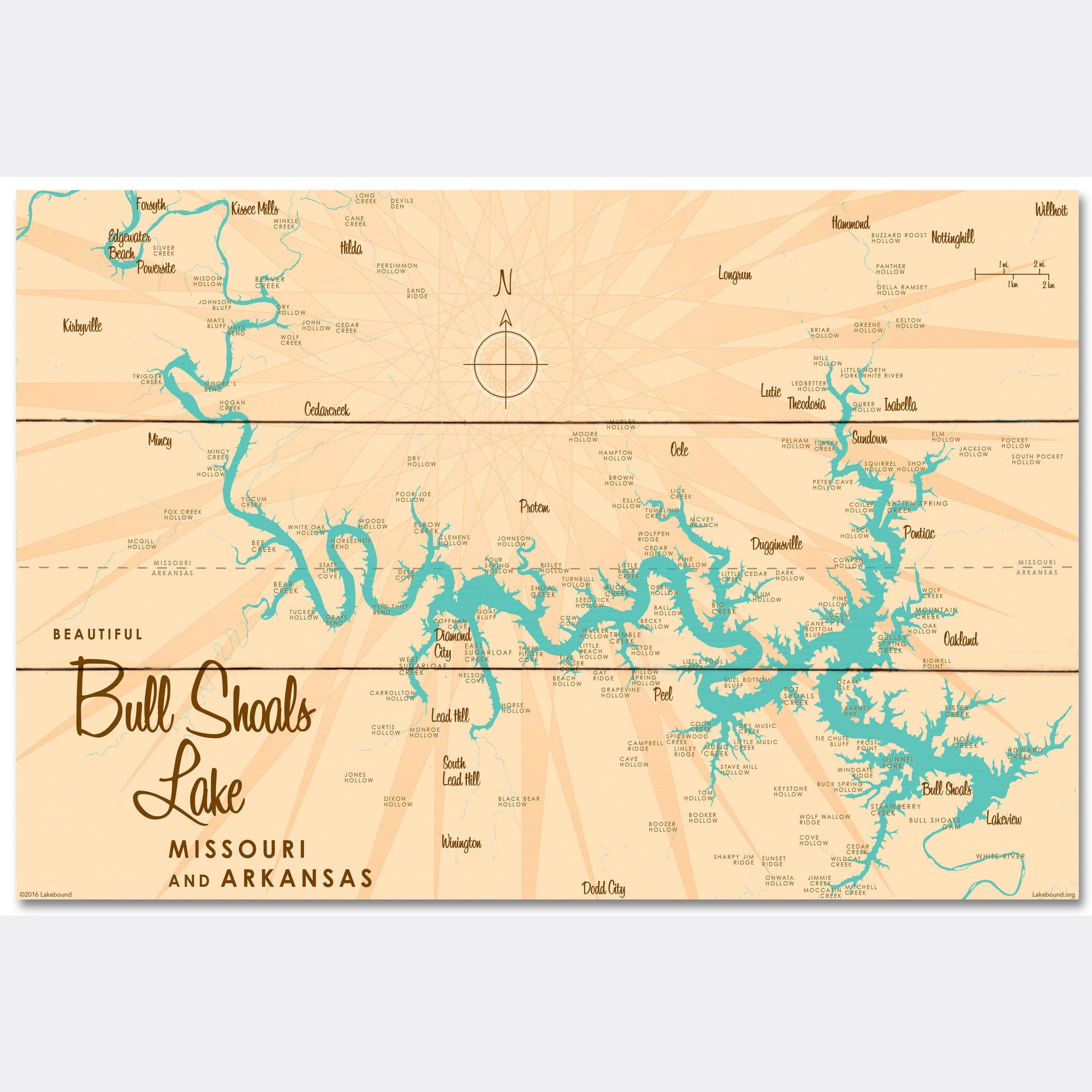 Bull Shoals Lake MO Arkansas, Wood Sign Map Art