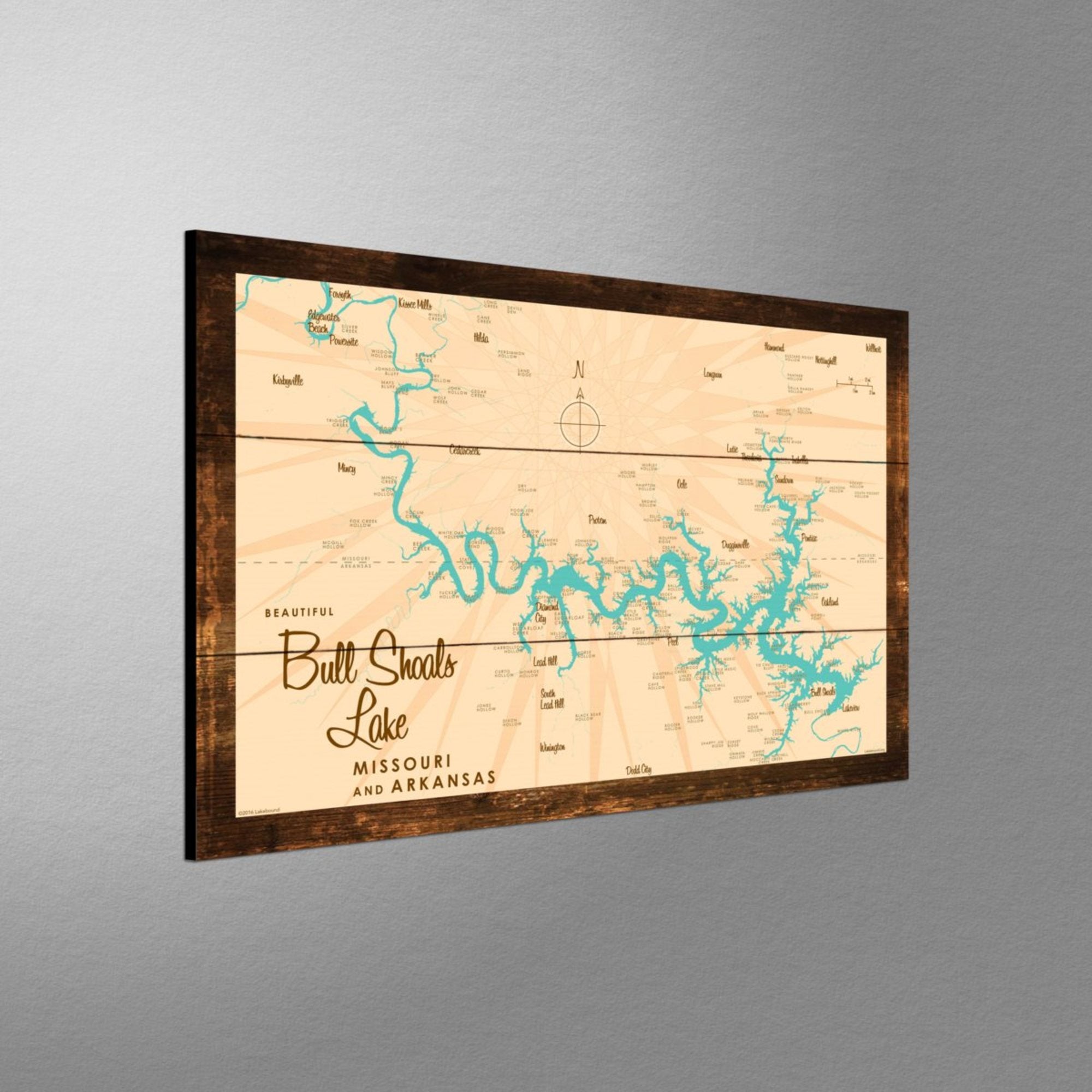 Bull Shoals Lake MO Arkansas, Rustic Wood Sign Map Art