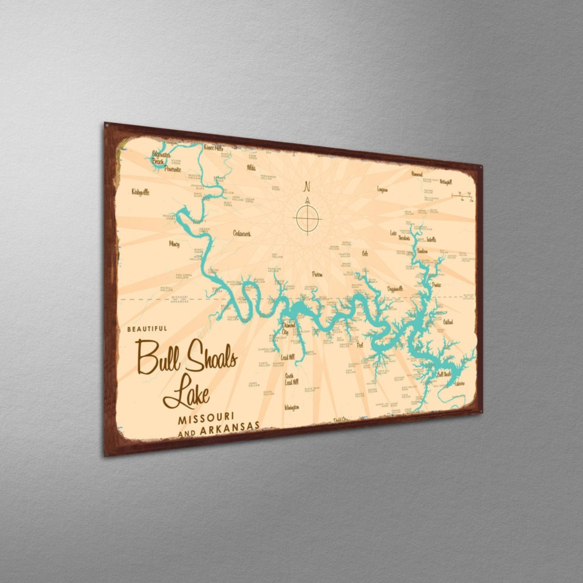 Bull Shoals Lake Missouri Arkansas, Rustic Metal Sign Map Art