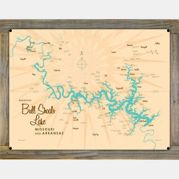 Bull Shoals Lake Missouri Arkansas, Wood-Mounted Metal Sign Map Art