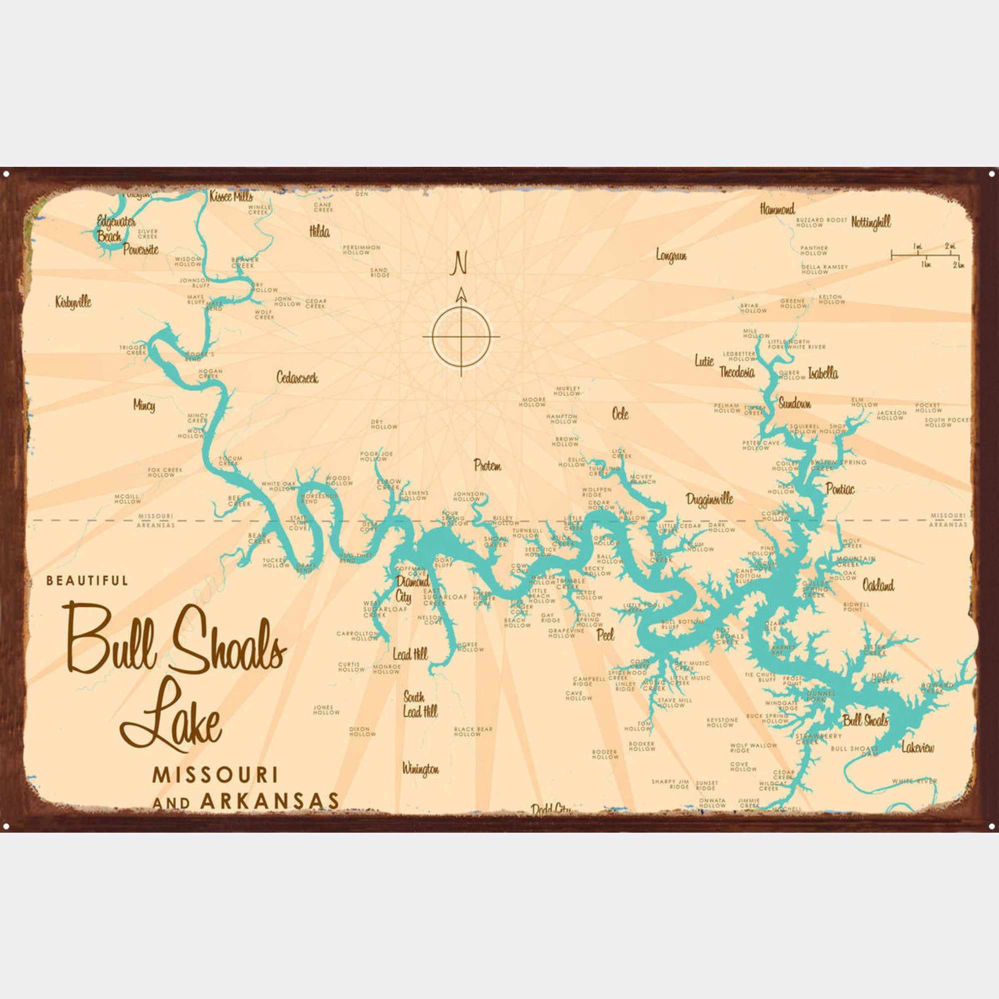 Bull Shoals Lake Missouri Arkansas, Rustic Metal Sign Map Art
