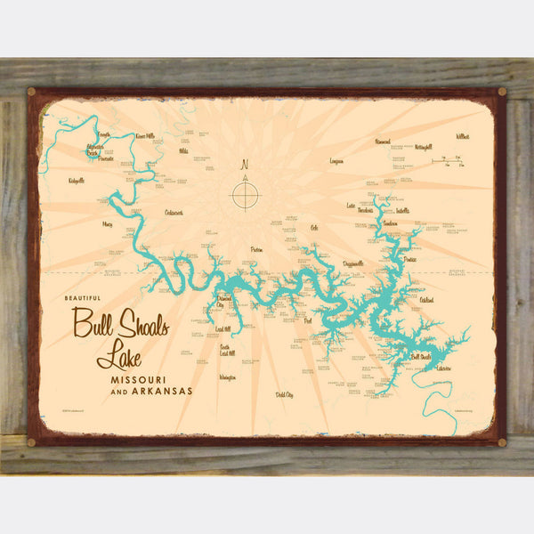Bull Shoals Lake Missouri Arkansas, Wood-Mounted Rustic Metal Sign Map Art