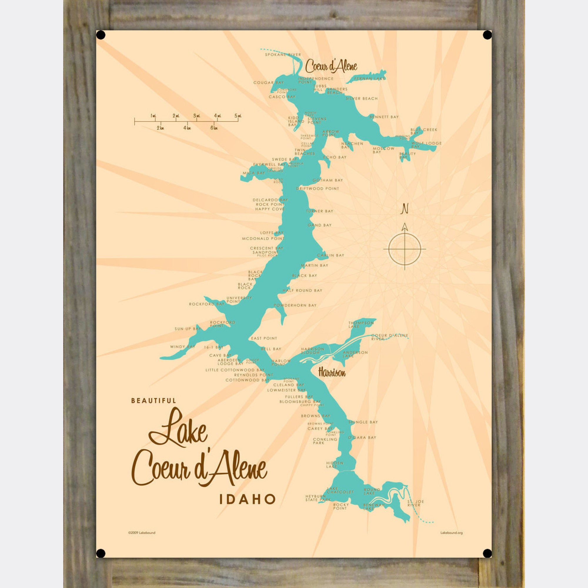 Lake Coeur d'Alene Idaho, Wood-Mounted Metal Sign Map Art