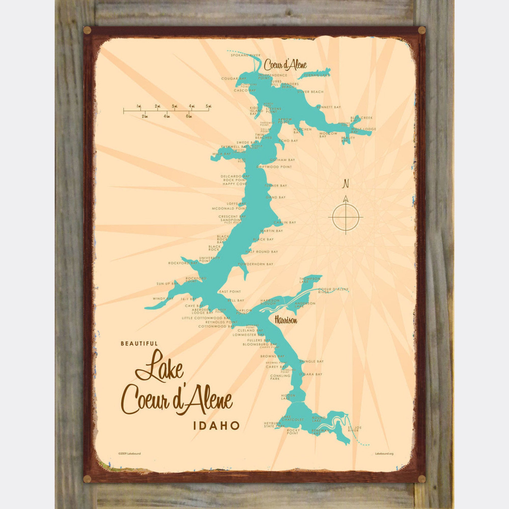 Lake Coeur d'Alene Idaho, Wood-Mounted Rustic Metal Sign Map Art