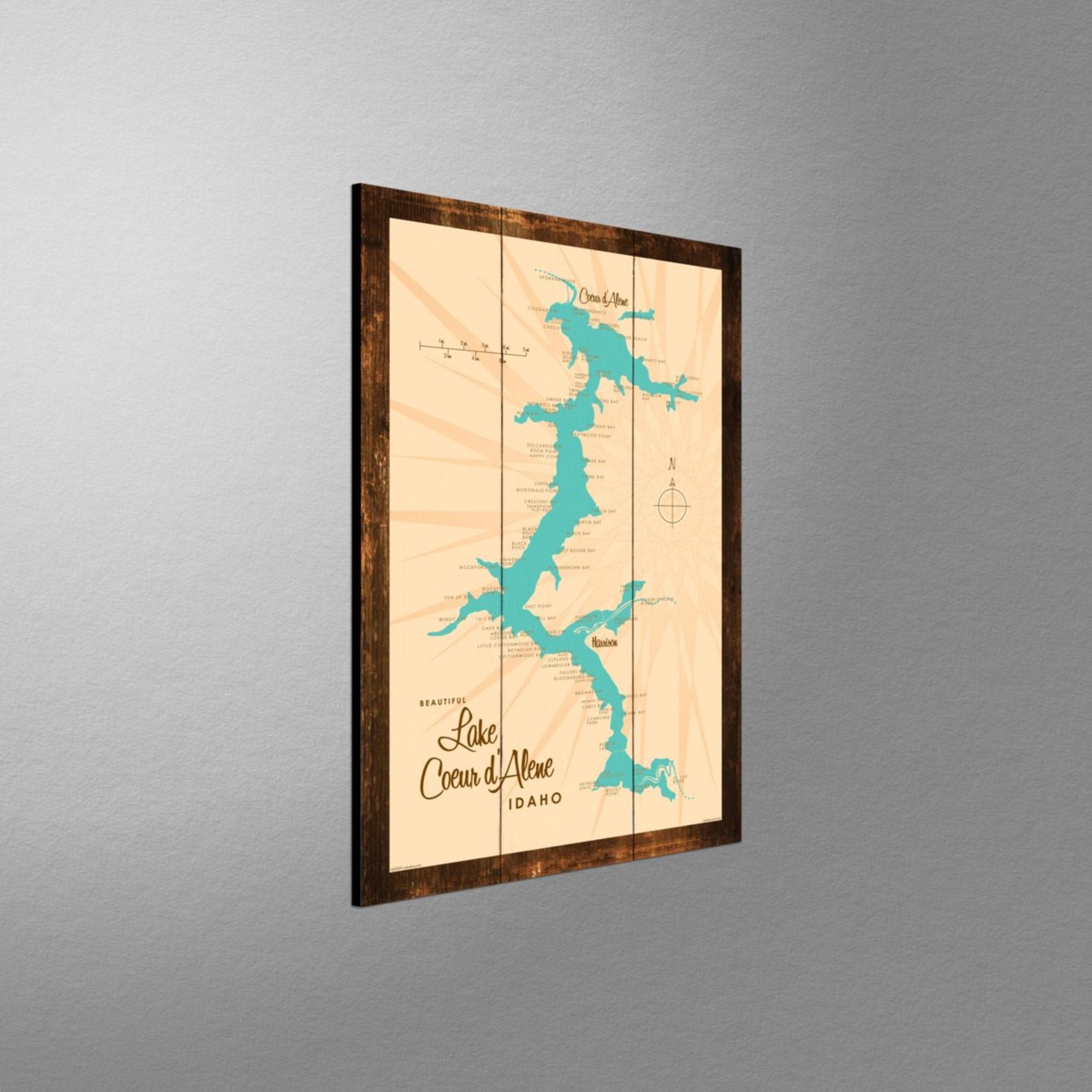 Coeur d'Alene Idaho, Rustic Wood Sign Map Art