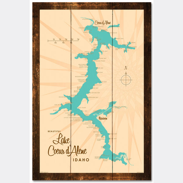 Coeur d'Alene Idaho, Rustic Wood Sign Map Art