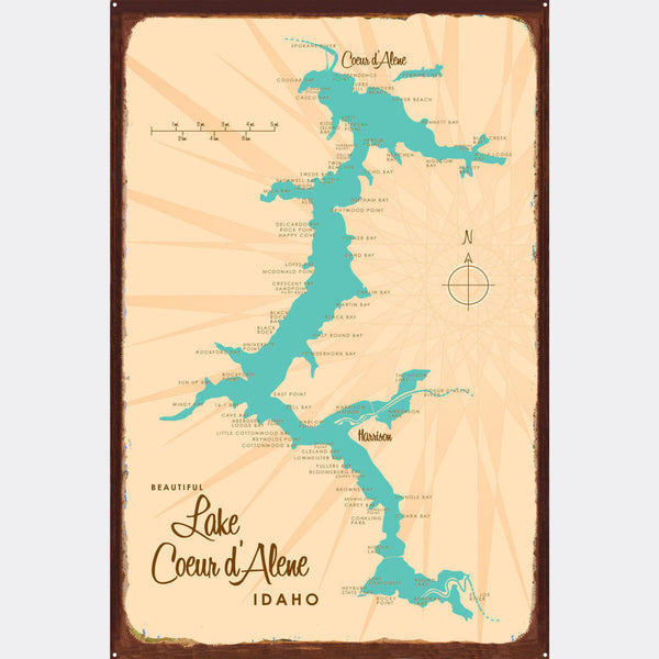 Lake Coeur d'Alene Idaho, Rustic Metal Sign Map Art