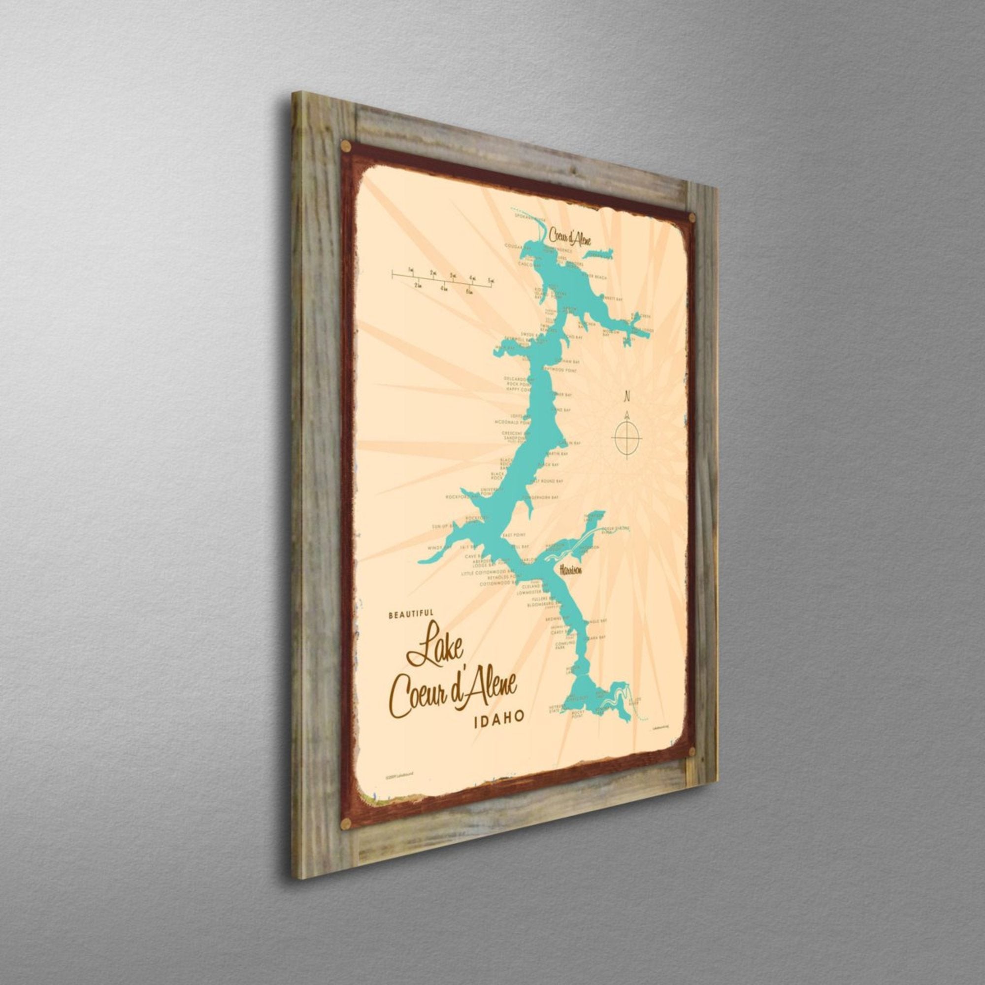 Lake Coeur d'Alene Idaho, Wood-Mounted Rustic Metal Sign Map Art