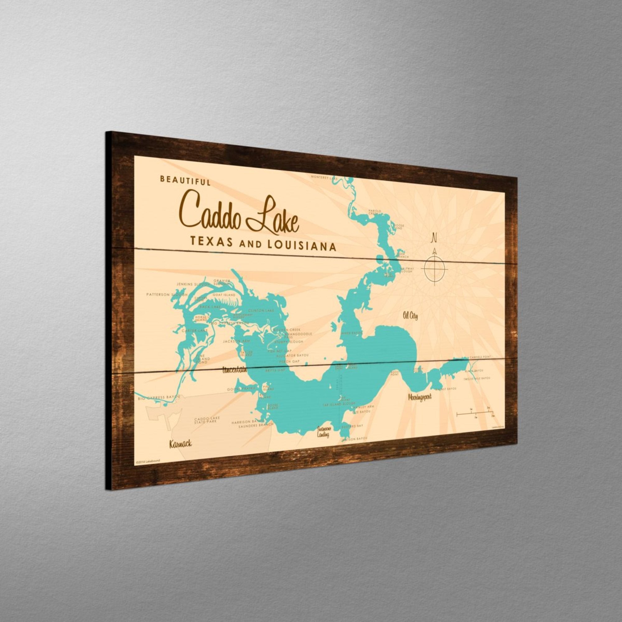Caddo Lake TX Louisiana, Rustic Wood Sign Map Art